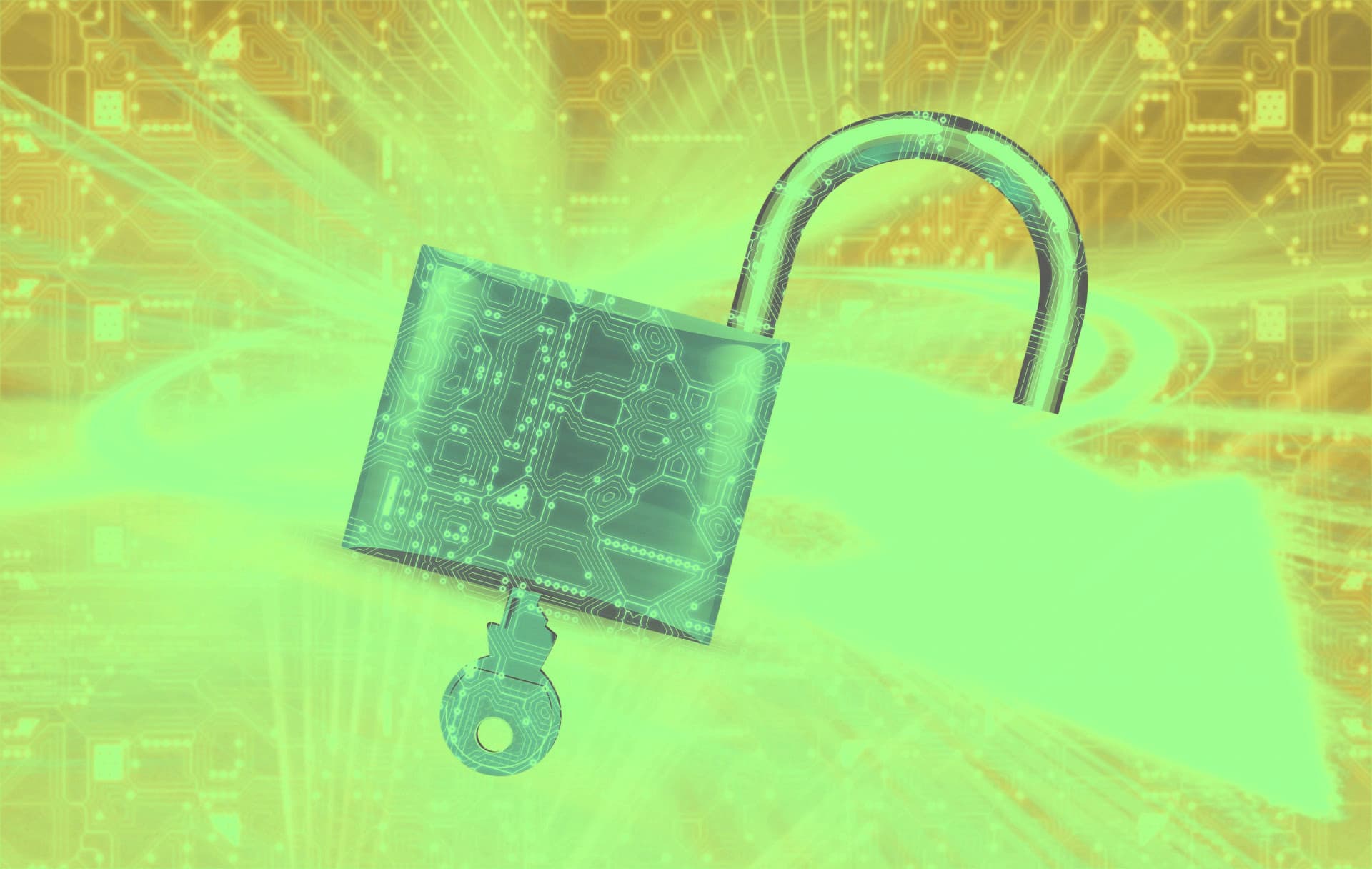 Electronic lock and circuit-board artwork representing AI cyber safeguards